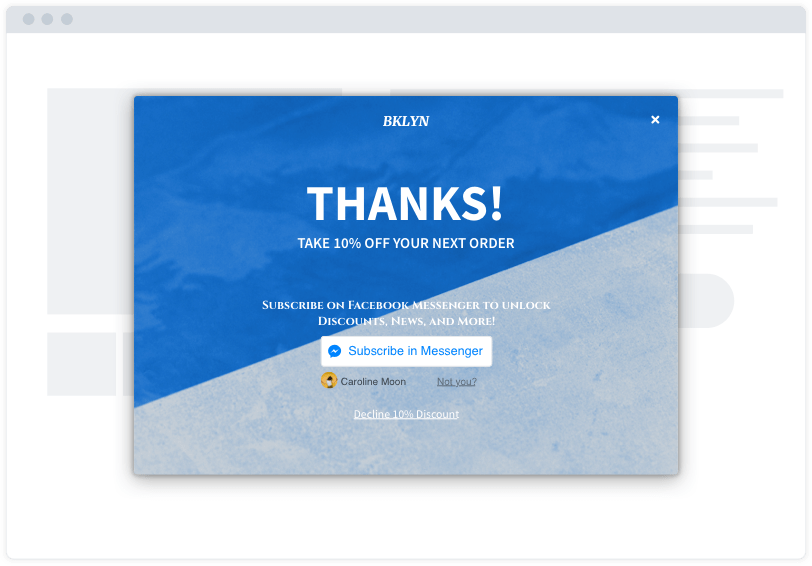 A blue and grey Facebook Messenger opt-in capture modal on a minimalist website mockup. The modal says "Thanks!"