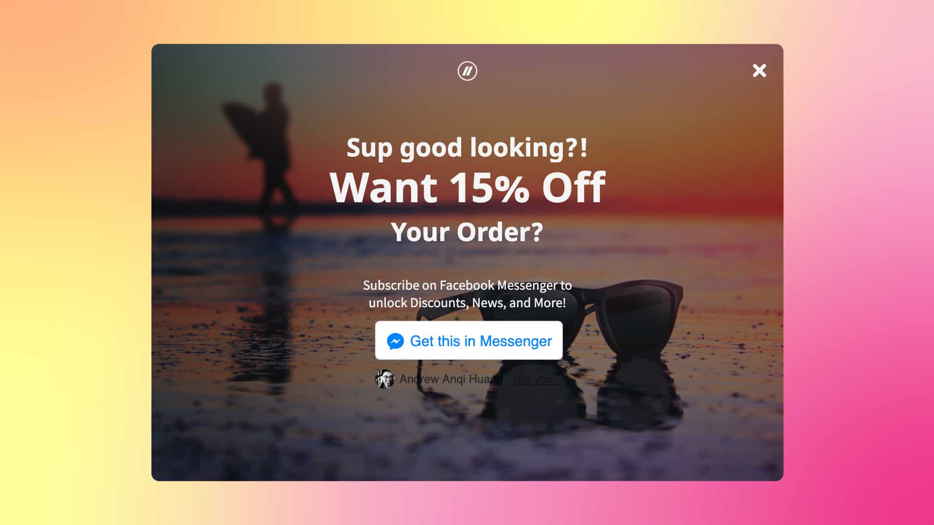 Blenders growth plugin overlay offering 15% off. Sunglasses on a warm sunset-reflecting beach with a blurry surfer in the backgorund.