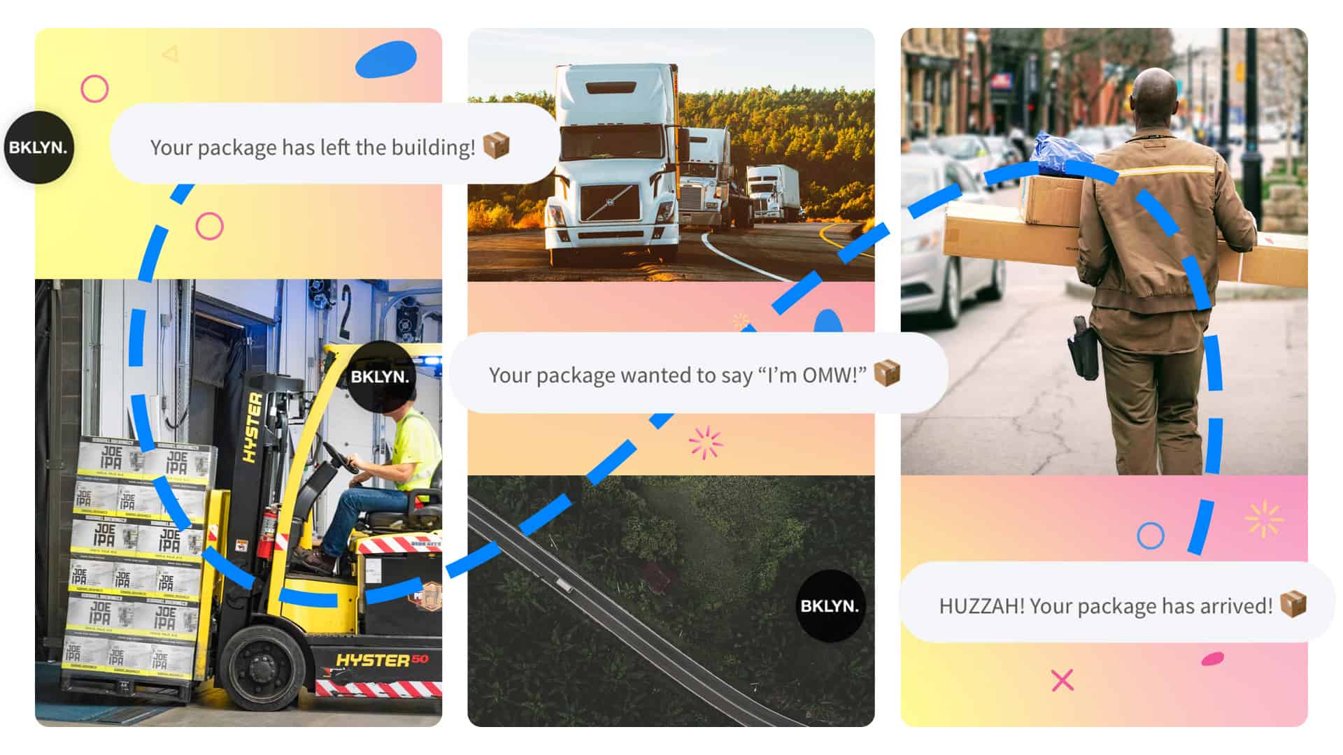 Three panels show message notifications related to an order leaving a warehouse, in transit, and the last mile delivery of the package.